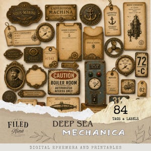 May include: A collection of 84 vintage-style ephemera tags and labels featuring nautical and mechanical themes. The set includes various shapes with aged paper textures, illustrations of anchors, submarines, gauges, and text like Boiler Room.