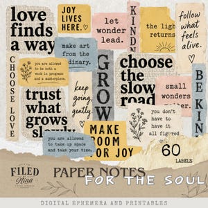 Può includere: Una collezione di 60 etichette di carta con bordi strappati e varie citazioni ispiratrici in testo nero su sfondi gialli, rosa, blu e crema. Il set include frasi come love finds a way, choose the slow road e make room for joy.