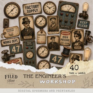 May include: A collection of 40 vintage-style digital ephemera tags and labels featuring industrial motifs like pressure gauges, clocks, control panels, light bulbs, and portraits of an inventor, mechanic, and explorer with text like Factory Supply.