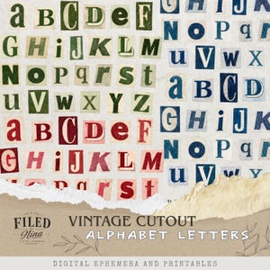 Op de afbeelding: Een digitale collectie van alfabetletters met vintage-stijl uitknipsels in groen, rood en blauw. De letters worden gepresenteerd in verschillende lettertypes en groottes op een getextureerde achtergrond. De tekst "FILED BY Nina VINTAGE CUTOUT ALPHABET LETTERS" is zichtbaar.