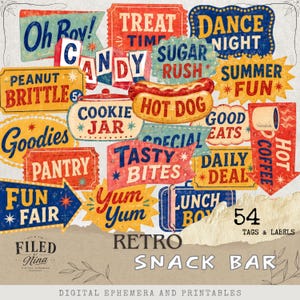 Può includere: Una collezione di 54 etichette e cartellini in stile retrò per snack bar con grafiche colorate e testo che include Oh Boy, Candy, Treat Time, Dance Night, Sugar Rush, Summer Fun, Peanut Brittle, Cookie Jar, Hot Dog, Good Eats, Tasty Bites e Fun Fair.