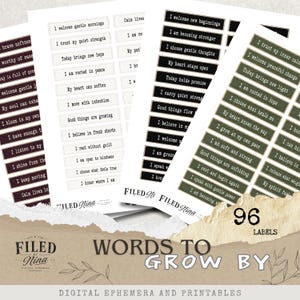 Può includere: Una collezione di 96 etichette rettangolari con frasi ispiratrici stampate in testo nero o bianco. Le etichette sono disposte su quattro fogli separati di colore bianco, nero e verde oliva, con il testo "WORDS TO GROW BY" nella parte inferiore.