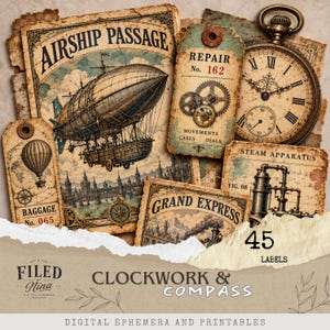 Op de afbeelding: Een verzameling papieren labels in vintage-stijl met illustraties van een luchtschip, een zakhorloge, een stoomapparaat en een heteluchtballon. De labels bevatten teksten zoals Airship Passage, Repair No. 162, Baggage No. 065 en Grand Express.