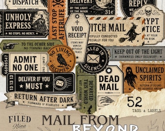 Kit di effimeri vintage di Halloween "Mail From Beyond", 52 etichette stampabili, 3 fogli di collage digitali, download immediato.