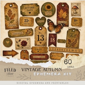 May include: A collection of vintage-style autumn ephemera featuring tags, labels, and stamps with botanical illustrations, a butterfly, and text like 'grateful', 'harvest', and 'fall'. Includes a ruler graphic and 60 labels in total.