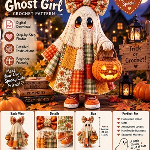 Ghost Crochet Pattern PDF Patchwork Halloween Amigurumi Doll DIY Pumpkin Basket Bow Beginner Easy Autumn Fall Decor Gift image 5