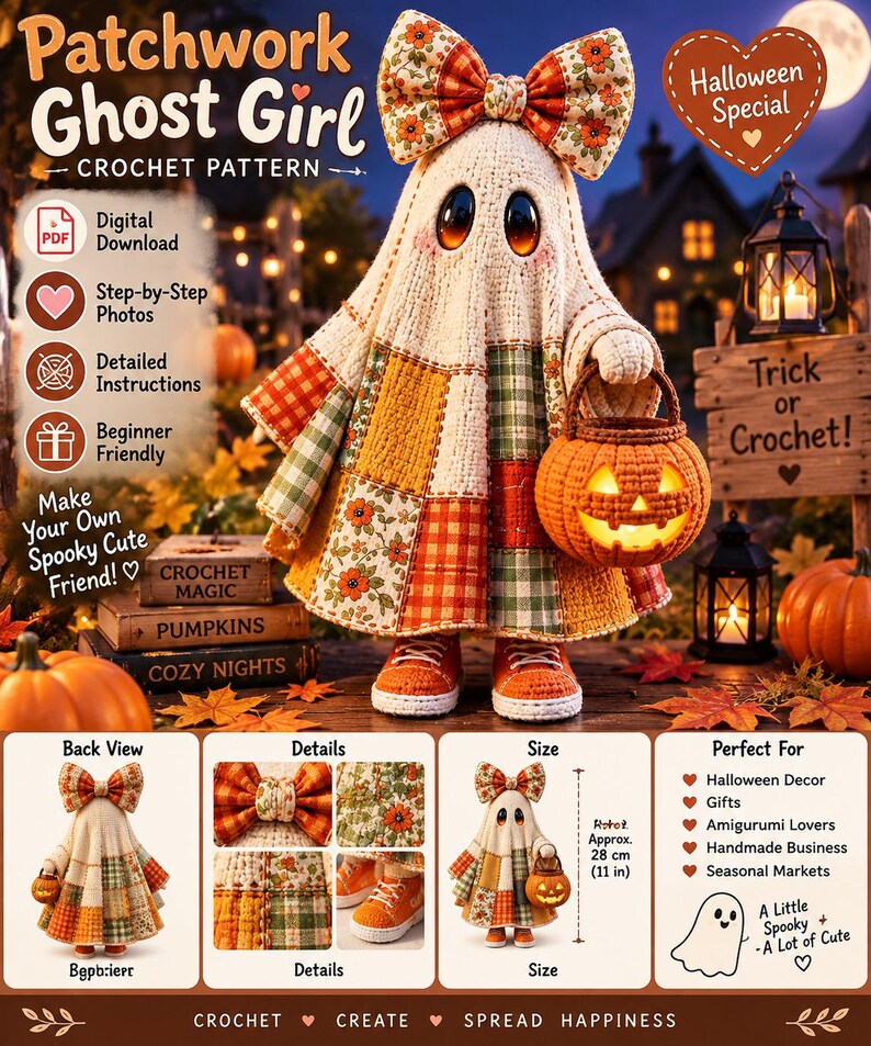 Ghost Crochet Pattern PDF Patchwork Halloween Amigurumi Doll DIY Pumpkin Basket Bow Beginner Easy Autumn Fall Decor Gift image 5