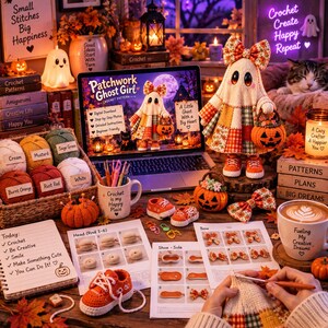 Ghost Crochet Pattern PDF Patchwork Halloween Amigurumi Doll DIY Pumpkin Basket Bow Beginner Easy Autumn Fall Decor Gift image 9