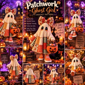 Ghost Crochet Pattern PDF Patchwork Halloween Amigurumi Doll DIY Pumpkin Basket Bow Beginner Easy Autumn Fall Decor Gift image 7