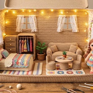 May include: A crocheted dollhouse inside a suitcase featuring a bed with a colorful blanket, a wardrobe with miniature clothing, a sofa, a table, and a doll with braided hair. The interior is illuminated by string lights and decorated with lace curtains.