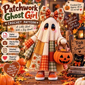 Ghost Crochet Pattern PDF Patchwork Halloween Amigurumi Doll DIY Pumpkin Basket Bow Beginner Easy Autumn Fall Decor Gift image 2