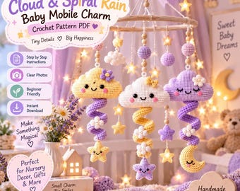 Baby Mobile Crochet Pattern PDF Cloud Charm Nursery Decor Rainbow Rain Amigurumi Crib Mobile Beginner Easy Baby Shower Gift