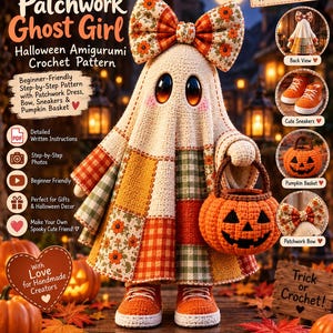 Ghost Crochet Pattern PDF Patchwork Halloween Amigurumi Doll DIY Pumpkin Basket Bow Beginner Easy Autumn Fall Decor Gift image 8