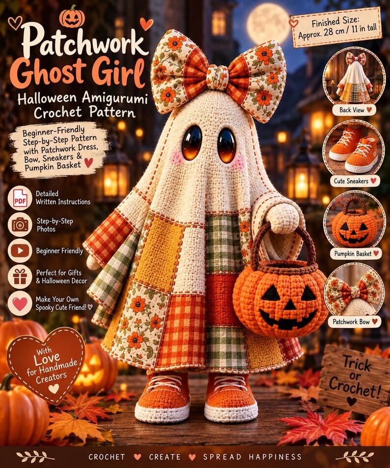 Ghost Crochet Pattern PDF Patchwork Halloween Amigurumi Doll DIY Pumpkin Basket Bow Beginner Easy Autumn Fall Decor Gift image 8