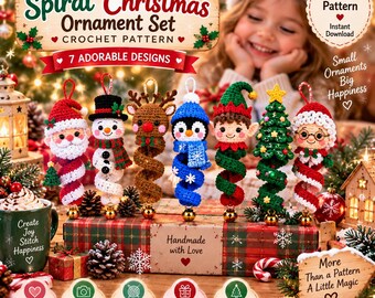 7 Christmas Spiral Ornament Crochet Pattern, Santa Snowman Reindeer Penguin Elf PDF