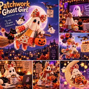 Ghost Crochet Pattern PDF Patchwork Halloween Amigurumi Doll DIY Pumpkin Basket Bow Beginner Easy Autumn Fall Decor Gift image 3