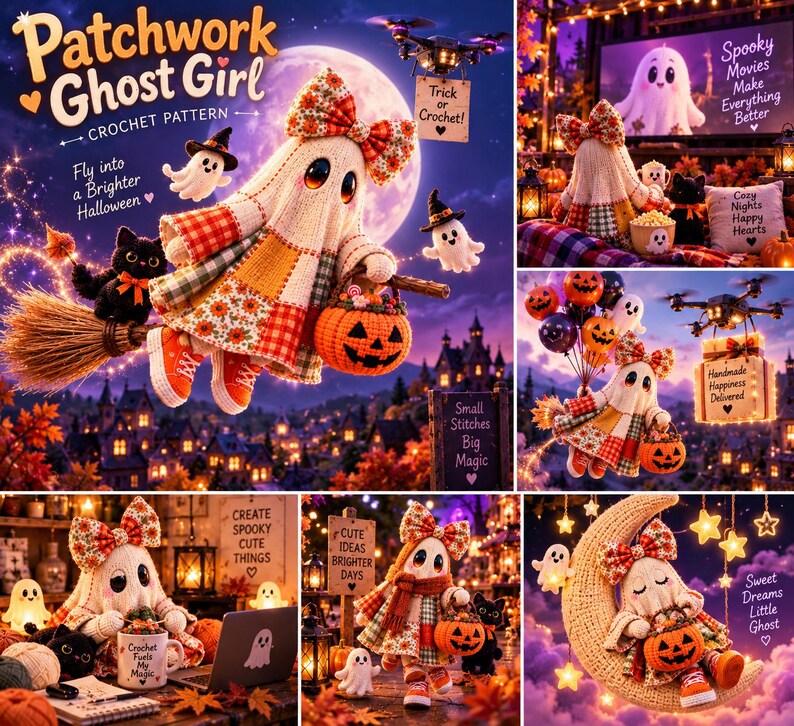 Ghost Crochet Pattern PDF Patchwork Halloween Amigurumi Doll DIY Pumpkin Basket Bow Beginner Easy Autumn Fall Decor Gift image 3