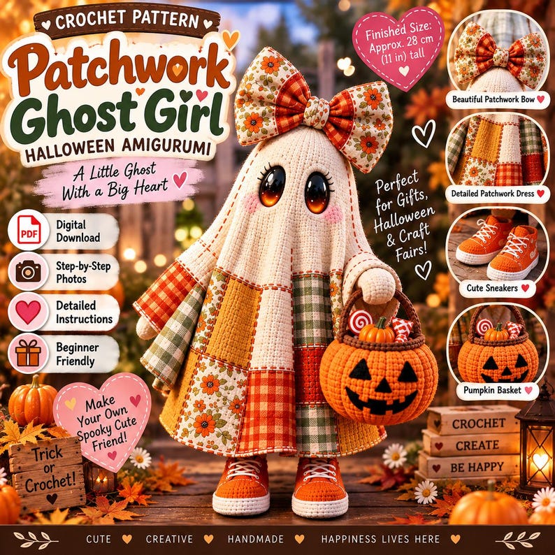 Ghost Crochet Pattern PDF Patchwork Halloween Amigurumi Doll DIY Pumpkin Basket Bow Beginner Easy Autumn Fall Decor Gift image 1