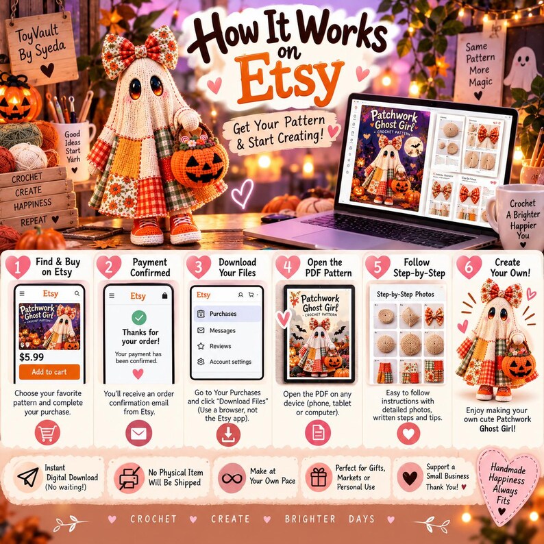 Ghost Crochet Pattern PDF Patchwork Halloween Amigurumi Doll DIY Pumpkin Basket Bow Beginner Easy Autumn Fall Decor Gift image 10