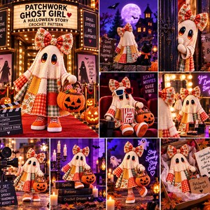 Ghost Crochet Pattern PDF Patchwork Halloween Amigurumi Doll DIY Pumpkin Basket Bow Beginner Easy Autumn Fall Decor Gift image 4