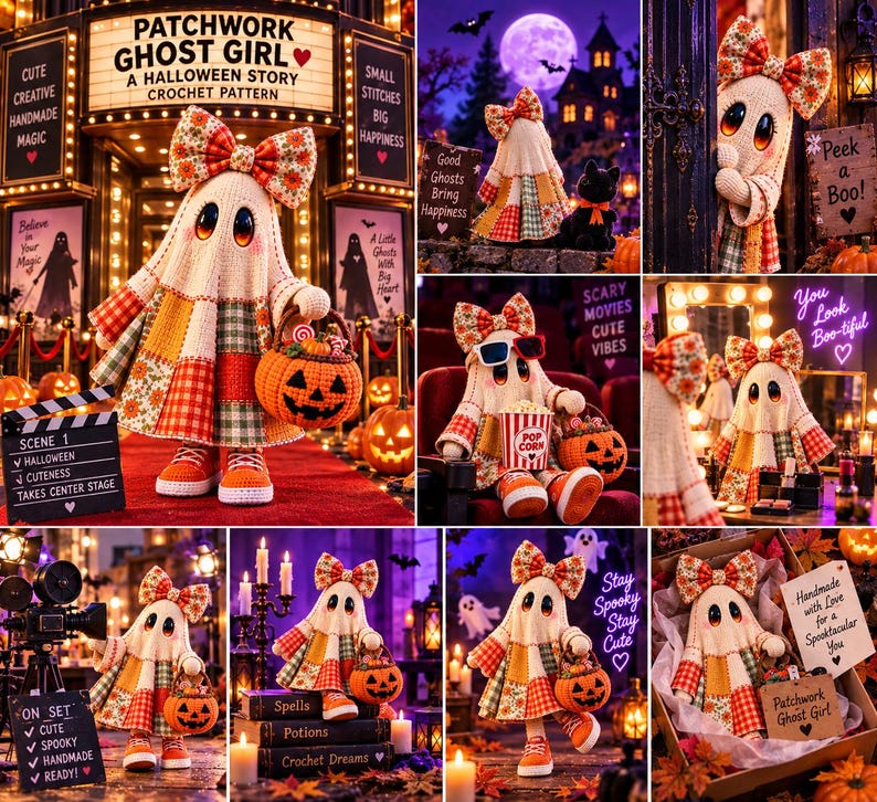 Ghost Crochet Pattern PDF Patchwork Halloween Amigurumi Doll DIY Pumpkin Basket Bow Beginner Easy Autumn Fall Decor Gift image 4