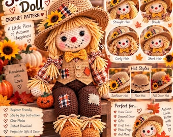 Scarecrow Doll Crochet Pattern PDF Fall Amigurumi Autumn Decor Straw Hat Sunflower Plaid Vest Beginner Easy Farmhouse Gift