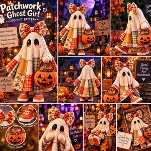 Ghost Crochet Pattern PDF Patchwork Halloween Amigurumi Doll DIY Pumpkin Basket Bow Beginner Easy Autumn Fall Decor Gift image 6