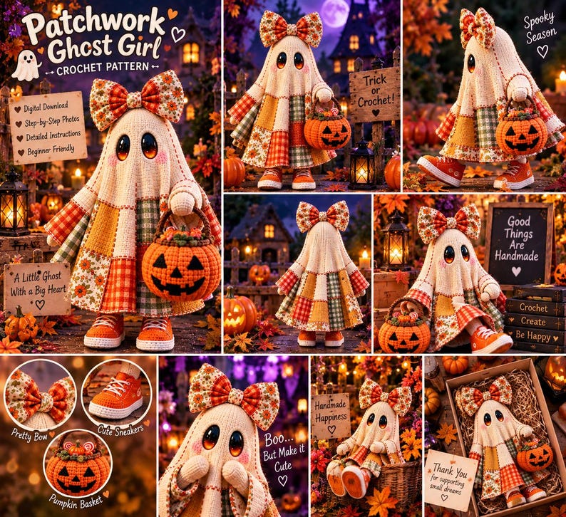 Ghost Crochet Pattern PDF Patchwork Halloween Amigurumi Doll DIY Pumpkin Basket Bow Beginner Easy Autumn Fall Decor Gift image 6