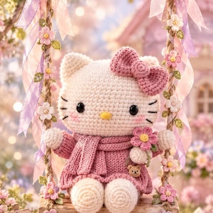 Puede incluir: Una figura de gato de ganchillo blanca con un lazo rosa, que lleva un suéter y una bufanda rosas, sosteniendo una pequeña flor rosa. La figura está sentada en un columpio de madera decorado con cintas rosas y moradas y flores de ganchillo.