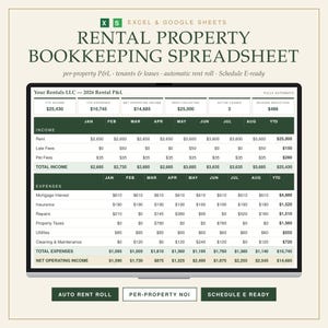 May include: A digital rental property bookkeeping spreadsheet for Excel and Google Sheets displayed on a screen. The interface features a 2026 Rental P&L dashboard with columns for monthly income and expenses, including rent, fees, and net operating income.