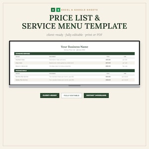 Könnte beinhalten: Eine digitale Preisliste und Service-Menü-Vorlage für Excel und Google Sheets. Das Dokument enthält Abschnitte für Standarddienstleistungen und Paketangebote mit Spalten für Service, Beschreibung, Preis und Einheit. Text enthält "Your Business Name".