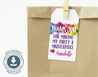 Art Birthday Party Favor Tag, Editable, Printable, Paint Splatter Thank You, Pottery Painting, Rainbow, Watercolor, Brush, Canvas Painting