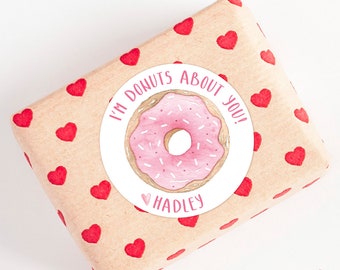 Donut Valentine's Day Sticker, Tag, Printed, Personalized, Round Classroom Valentine, Circle, Label, Sweet Treat, Pink, Baked Goods, Kids