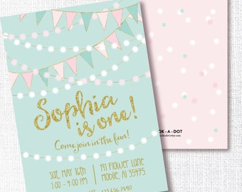 PINK GOLD BUNTING aqua, pink, mint, gold glitter, 1st birthday invitation, sparkle shine invite, 1st birthday, carnival circus. cotton candy