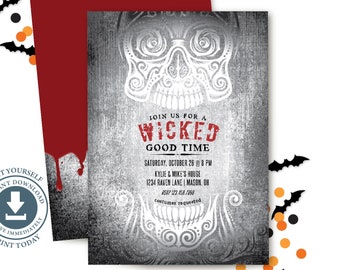 Adult Halloween Party Invitation, Editable Printable, Skull, Costume Invite, Cocktails, Wicked Good Time, Goth, Horror, Teen