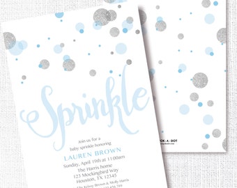 Blue Silver Baby Sprinkle Invitation, Printable, Confetti Sprinkle Inivte, blue and silver glitter, Modern, Simple