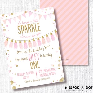 Pink and Gold Birthday Party Invitation, Printable, She Leaves A Little Sparkle Wherever She Goes Invite, Tassel, 1st, First, Confetti