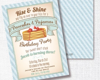 Pancakes And Pajamas Birthday Party Invitation, Printable, Rise and Shine Invite, 1st, First, 2nd, Breakfast Birthday, PJ Birthday, Boy