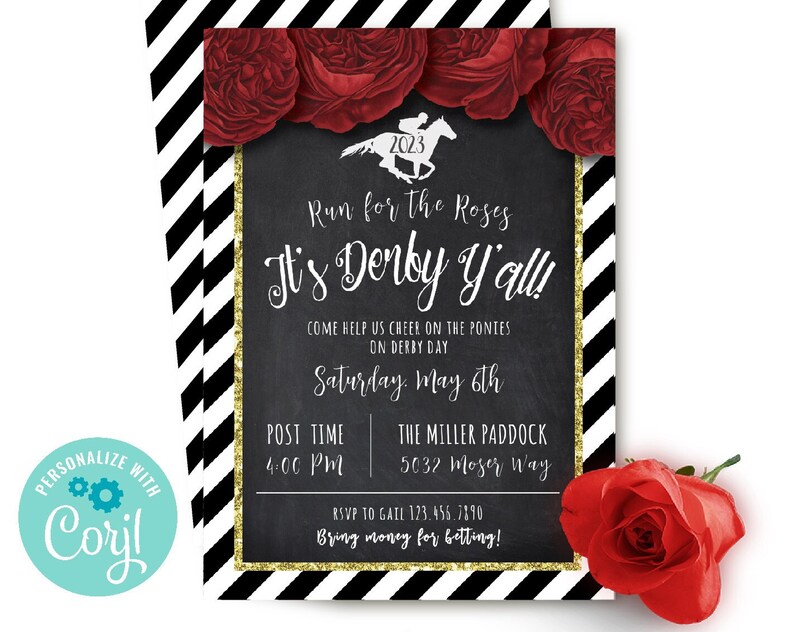 Kentucky Derby Party Invitation Editable Digital Download Horse Invite Run for the Roses Elegant Gold Glitter Black Red