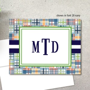 Personalized Folded Note Cards, Preppy Madras Plaid ,Stationery, Personal Stationary, Boy, Men, Monogram, Thank You Note, Classic, Simple