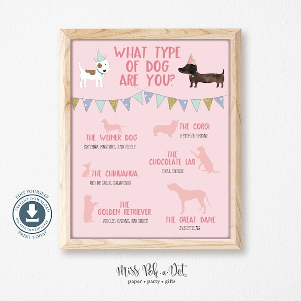 Hot Dog Bar Menu Sign, Editable Printable, Dog Birthday Party, Puppy Adoption, Girl, Food, Decoration, Instant Download, Digital, Decor