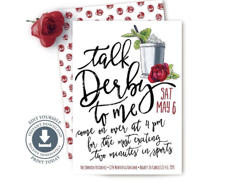 Talk Derby To Me Kentucky Derby Party Invitation Editable Digital Download Run for the Roses Mint Julep Modern Simple Invite