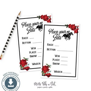 Horse Race Betting Cards, Editable Printable File, Bet, Bettor, Wager, Pool Kentucky, Vintage Rose, Derby, Download, Digital File