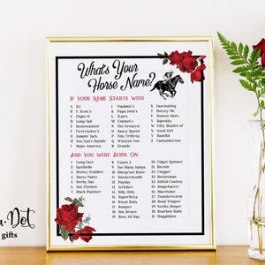 Puede incluir: Una impresión enmarcada con el texto "What's Your Horse Name?" en una fuente decorativa, con una lista de nombres de caballos basada en la primera letra de tu nombre y fecha de nacimiento. Rosas rojas y una ilustración de caballo y jinete adornan el marco.