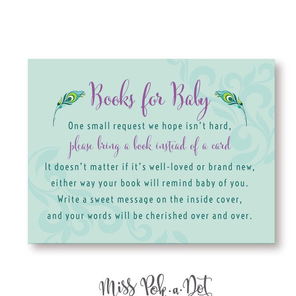 Peacock Shower Books For Baby Card, Printable, Stock the Library, Digital Download, Request, Insert, Boho, Bohemian, Seemantham, Purple Teal