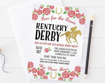 Kentucky Derby Party Invitation, Prints, Horse Race Printed Invite, Run for the Roses, Red, Gold, Horseshoe, Gala, Benefit Auction, Birthday