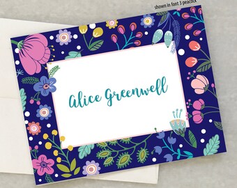 Personalized Folded Note Cards, Gift, Women, Girls Stationery, Personal Stationary, Navy Floral, Bright, Colorful, Monogram, Thank You