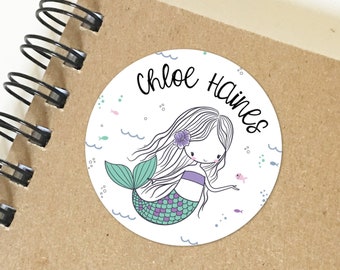 Personalized Mermaid Sticker, Printed, Under the Sea, Round, Simple, Modern, Notebook, School, Label, Girl, Snack, Bag, Name