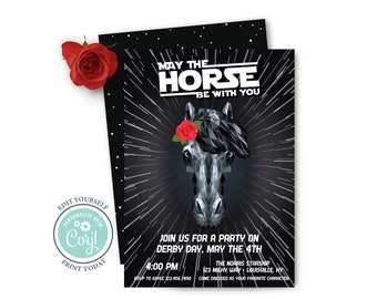 May the Fourth Derby Party Invitation, Editable Digital, Horse Racing Party Invite, Space, Futurist, Black, White, Red