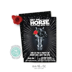 May the Fourth Derby Party Invitation, Editable Digital, Horse Racing Party Invite, Space, Futurist, Black, White, Red image 1